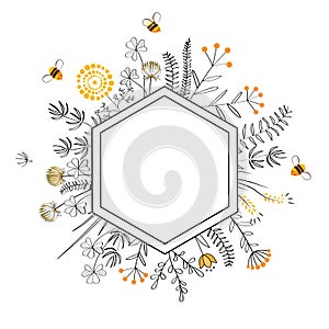 Frame with honey flowers and bees. Cartoon vector illustration