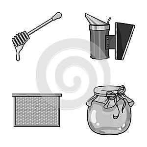 A frame with honeycombs, a ladle of honey, a fumigator from bees, a jar of honey.Apiary set collection icons in