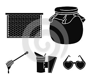 A frame with honeycombs, a ladle of honey, a fumigator from bees, a jar of honey.Apiary set collection icons in black