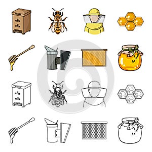 A frame with honeycombs, a ladle of honey, a fumigator from bees, a jar of honey.Apiary set collection icons in cartoon