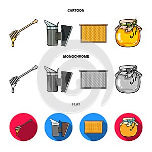 A frame with honeycombs, a ladle of honey, a fumigator from bees, a jar of honey.Apiary set collection icons in cartoon