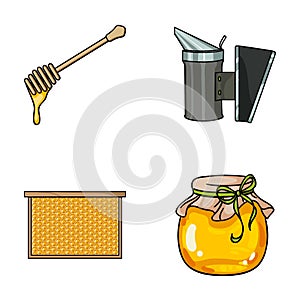 A frame with honeycombs, a ladle of honey, a fumigator from bees, a jar of honey.Apiary set collection icons in cartoon