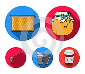 A frame with honeycombs, a ladle of honey, a fumigator from bees, a jar of honey.Apiary set collection icons in flat