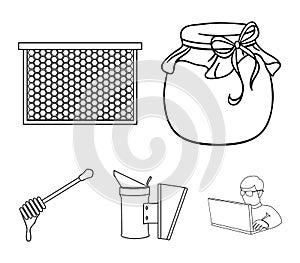 A frame with honeycombs, a ladle of honey, a fumigator from bees, a jar of honey.Apiary set collection icons in outline