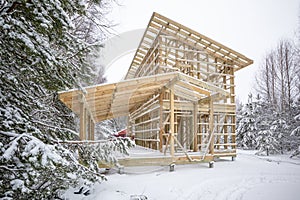 frame house construction in winter, under the snow, in the forest. Fresh wood, frame of a two-story house