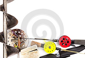 Frame from ice fishing rods, tackles and equipment photo