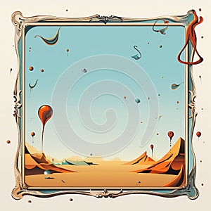 a frame with an image of a desert landscape and balloons