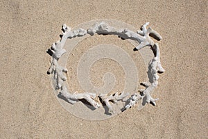 Frame of inscription of coral debris on the sand