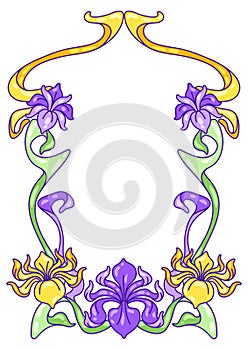 Frame with iris flowers. Art Nouveau vintage style.