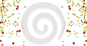 Frame of italian pasta animation, tomato and basil falling down on white background with space for text, loop seamless