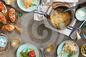 Frame of Italian pasta, snacks and white wine