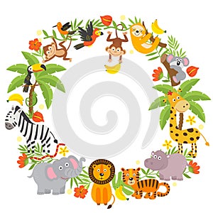 Frame with jungle animals white background
