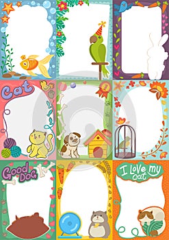 Frame kids photo vector picture of cartoon animals pets or birds on children photography border or kids photoframes