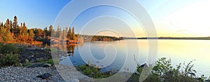 Frame Lake Landscape Panorama with Pebble Beach and Canadian Shield at Sunset, Yellowknife, Northwest Territories, Canada