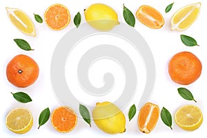 Frame of lemon and tangerine with leaves isolated on white background with copy space for your text. Flat lay, top view