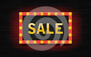 Frame with light bulb and word sale on brick wall background. Modern illustration