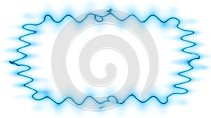 Frame, long rectangular wavy horizontal abstract blue closed lines of neon light on white background. Space for your own content.