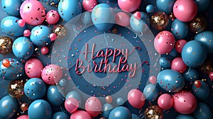 Frame made of balloons birthday party items on blue background, with text