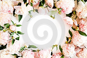 Frame made of beautiful pink peonies on white background. Flat lay, top view. Valentine`s background. Floral frame