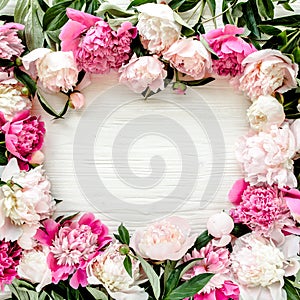 Frame made of beautiful pink peonies on white background. Flat lay, top view. Valentine`s background. Floral frame