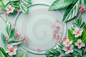 frame made from blossom branches on colorful background with space for text. spring banner, top view