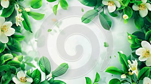 frame made from blossom branches on colorful background with space for text. spring banner, top view