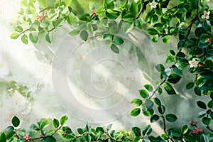 frame made from blossom branches on colorful background with space for text. spring banner, top view