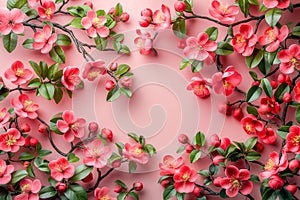 frame made from blossom branches on colorful background with space for text. spring banner, top view
