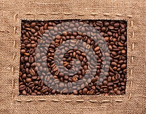 Frame made of burlap with coffee beans