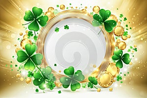 Frame made of clover leaves and gold coins on a gold background. Happy St. Patrick\'s Day,copy space