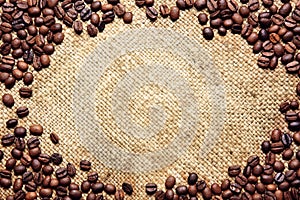 Frame made of coffee beans on sack textile