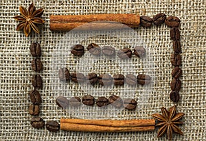 Frame made of coffee beans on traditional sack textile
