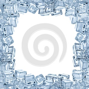 Frame made of crystal clear ice cubes on white background