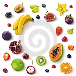 Frame made of different fruits and berries, flat lay, top view