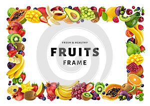 Frame made of different fruits and berries, isolated on white background, healthy food concept, copy space