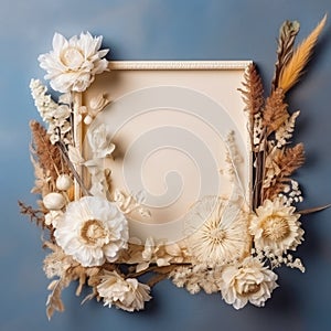 Frame made of dried flower,Autumn composition,dried leaves, Dried flowers on pastel background, Autumn, fall concept, Flat lay,