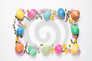 Frame made with Easter eggs on background, flat lay. Space for text