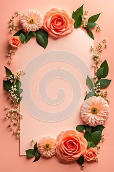 Frame is made of flowers on the background in color of the year 2024 peach fuzz. Generative AI. Greeting card