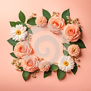 Frame is made of flowers on the background in color of the year 2024 peach fuzz.Greeting card. Copy space.Generative AI