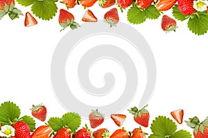 Frame made of fresh group Ripe juicy strawberries and green leaves