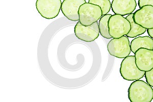 Frame made from fresh sliced cucumber cross-sections on white background
