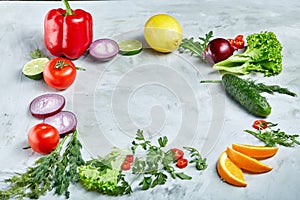 Frame made of fruits and vegetables on white background, copy space, selective focus, flat lay, close-up