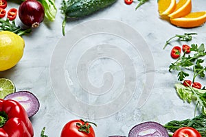 Frame made of fruits and vegetables on white background, copy space, selective focus, flat lay, close-up