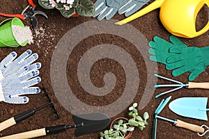 Frame made of gardening tools, plants and fertilizer on soil, flat lay