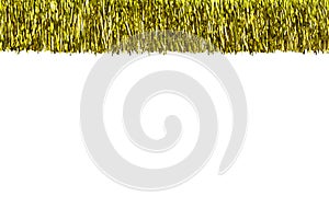 Frame made of gold tinsel, isolated on white background with clipping path and copy space in the middle. Decorations for christm