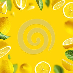 Frame made of Juicy ripe flying lemons, green leaves on yellow background. Creative food concept. Tropical organic fruit, citrus,