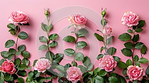 frame made of pink roses, green leaves, branches