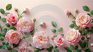 frame made of pink roses, green leaves, branches