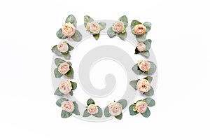 Frame made of pink roses, green leaves eucalyptus, branches, floral pattern on white background. Flat lay, top view