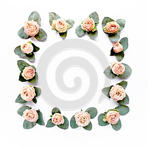 Frame made of pink roses, green leaves eucalyptus, branches, floral pattern on white background. Flat lay, top view